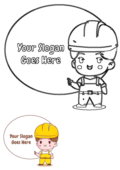 Cute construction worker boy with yellow hard hat pointing to a custom slogan bubble. Design template in outline and color.