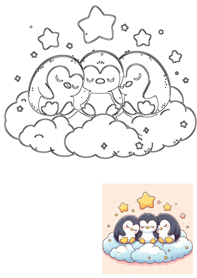 Line art illustration of three cute penguins sleeping peacefully on a fluffy cloud, surrounded by twinkling stars.
