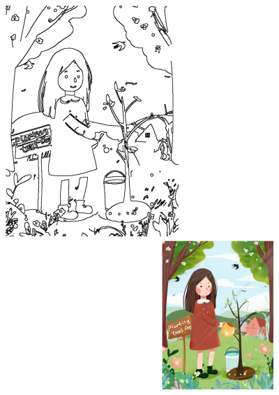 A cheerful Earth Day illustration shows a girl in a red dress watering a newly planted sapling. A 'Planting Trees Day' sign is visible.