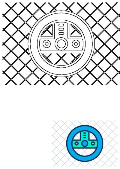 A stylish blue and green circular control panel icon alongside its black and white line art version, against a grid background.