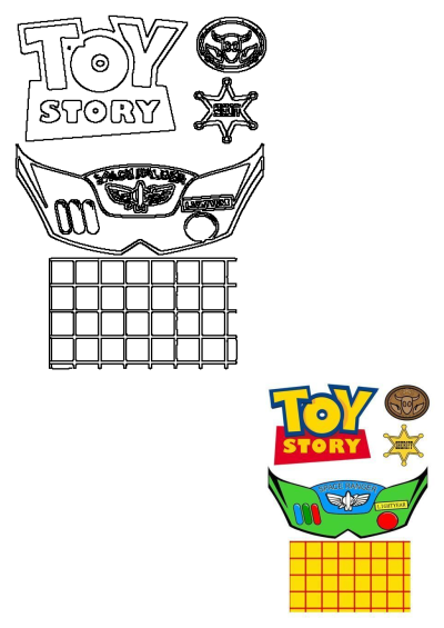 Outline and vibrant colored Toy Story logo, Buzz Lightyear chest plate, Woody's sheriff badge, buckle, and shirt elements.