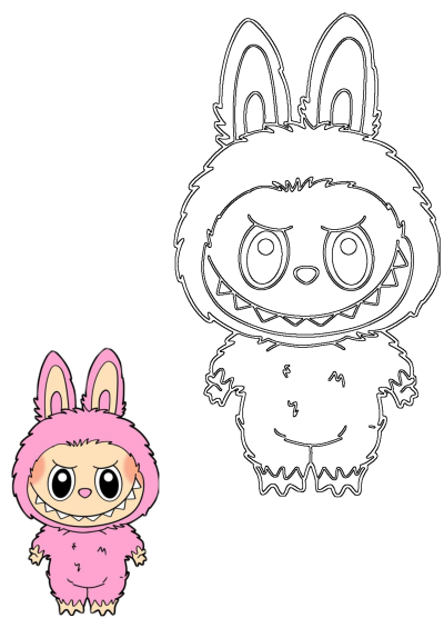 A vibrant pink monster bunny character cartoon with big eyes and a toothy smile, plus a black outline version.