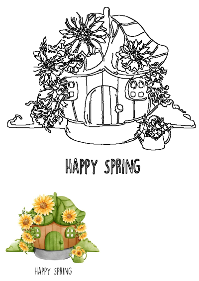 Happy Spring Sunflower House Card design featuring a whimsical house adorned with vibrant sunflowers, perfect for spring greetings.