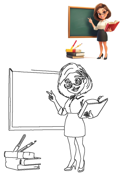 Smiling cartoon woman teacher in glasses points at chalkboard, holding book. Books, pencils stacked. Includes outline for educational use.