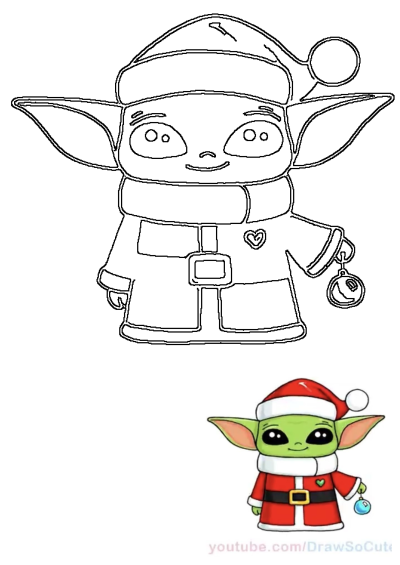 Adorable Baby Yoda (Grogu) outline drawing dressed as Santa for Christmas, holding a festive ornament. Great for holiday projects.
