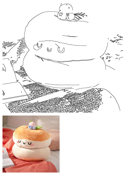 A cute, kawaii sushi-themed stuffed animal plushie with a happy face, topped with strawberry and blueberry, resting on a textured blanket.