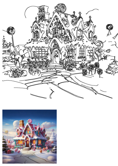 Whimsical candy house illustration set in a snowy winter landscape, adorned with lollipops, candies, and sweet decorations.