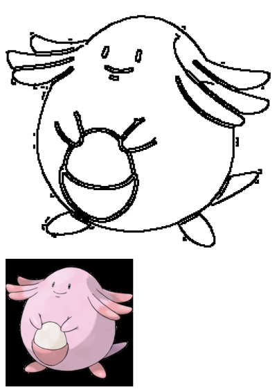 A black outline drawing of Chansey from the Pokedex, holding an egg, alongside a small colored reference image for this Pokemon.