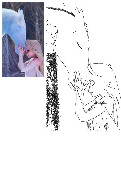 Elsa from Frozen 2 shares a tender friendship moment with Nokk, the sparkling blue water spirit horse, touching foreheads.