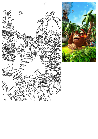Donkey Kong and Diddy Kong tropical adventure in a lush jungle with palm trees, a volcano, vibrant colors, and a matching outline.