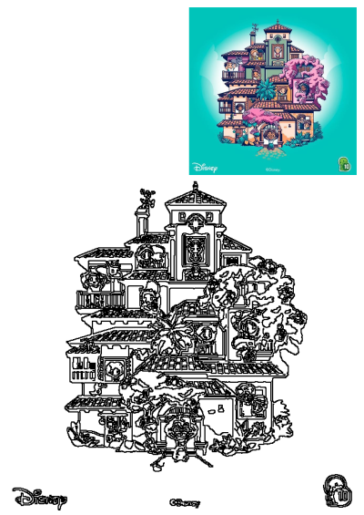 Vibrant Disney Encanto Madrigal Casita illustration featuring family members, paired with a detailed black and white outline drawing.