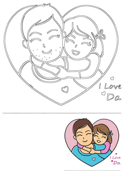 A cute cartoon illustration for Father's Day showing a daughter hugging her dad in a heart shape, with 'I Love Da' text.
