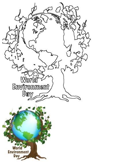 World Environment Day poster and line art showing a tree embracing the Earth globe, promoting environmental awareness.