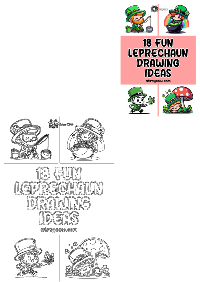 Discover 18 fun St. Patrick's Day leprechaun drawing ideas by Artsy Cow. Features cute leprechauns fishing, with gold, butterfly, and sleeping, in color and outline.