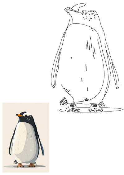 A vibrant Gentoo penguin illustration featuring an orange beak and white head stripe, paired with a clean black outline drawing.