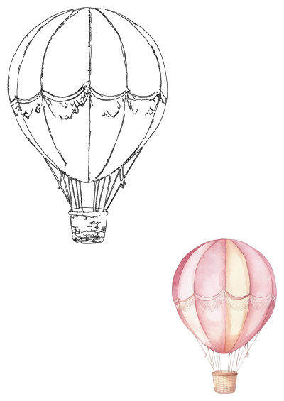 A soft pink and cream watercolor hot air balloon illustration with a detailed woven basket, accompanied by a black outline sketch.