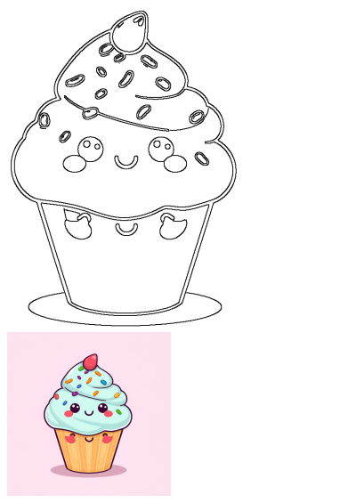 Outline of a cute cartoon cupcake with sprinkles, expressive eyes, a happy face, and small faces on its wrapper.