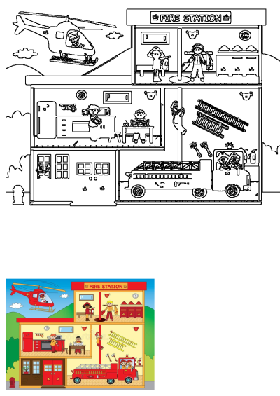 A cheerful cartoon image of a busy multi-story fire station with firefighters, a red fire truck, and a helicopter flying nearby.
