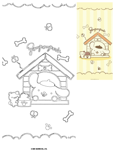 Pompompurin in doghouse outline drawing paired with colorful Sanrio wallpaper featuring a teddy bear friend and bones.
