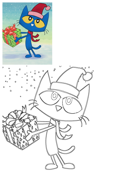 Pete the Cat in Santa hat & scarf holds a festive green Christmas present with red bow, falling snow background. Great for holiday coloring!