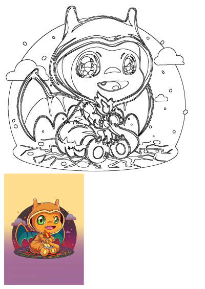 Cute Charizard Pokemon character illustration featuring a line art and a colored version with green eyes, blue wings, and lava.