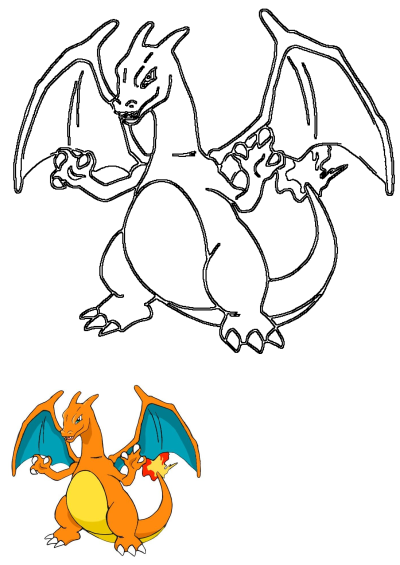A Charizard Pokemon outline drawing paired with its vibrant orange body and blue wings for color reference.