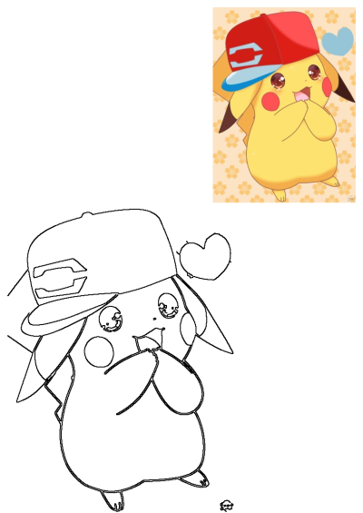Cute anime Pikachu wearing a red baseball cap, with sparkling, teary eyes and a happy expression, on a cherry blossom background.