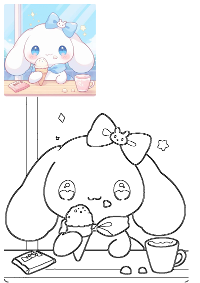 An adorable kawaii cartoon bunny with a blue bow and eyes, happily eating an ice cream cone. It sits at a table with a book and pink cup.