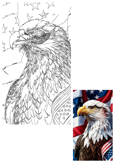 A majestic American bald eagle artwork with a powerful gaze, set against a vibrant, waving US flag, embodying national patriotism and strength.