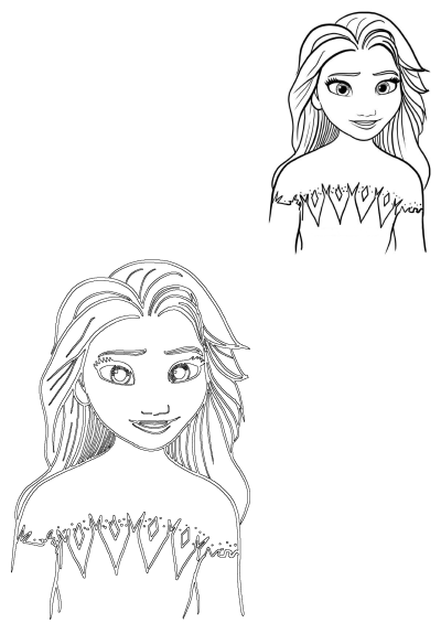 Outline drawing of Elsa from Frozen, featuring two images of the Snow Queen with her signature hairstyle, ready to be colored.