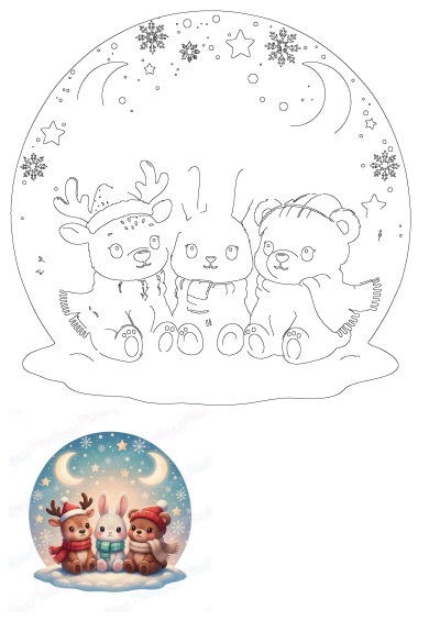Outline of three cute winter animal friends: a reindeer, bunny, and bear in a snowy scene with moon, stars, and snowflakes.