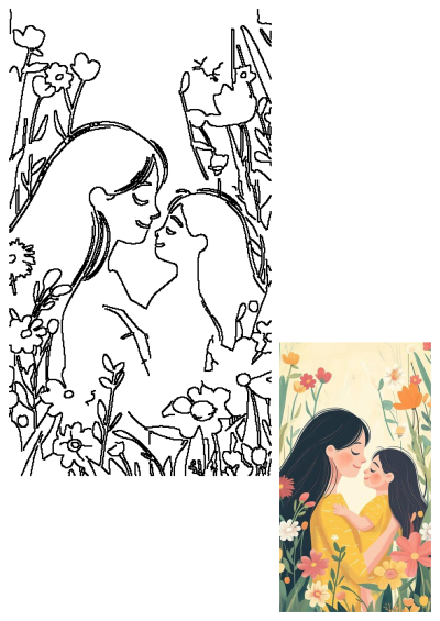 A heartwarming illustration of a mother and daughter embracing lovingly in a vibrant flower garden, symbolizing their strong bond.