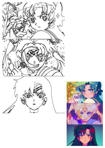 Vibrant anime art portraits of Sailor Moon characters with distinct eye colors like blue and red, alongside detailed line art.