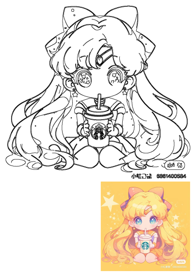 A blonde anime girl, drawn in cute chibi style, holds a Starbucks cup. This black and white line art is ideal for those who enjoy coloring anime characters.