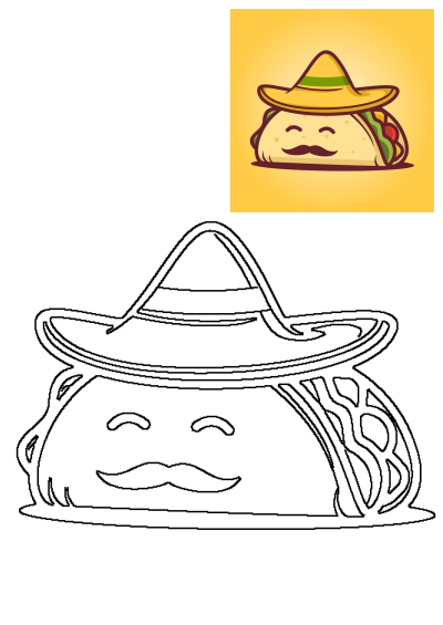 Vibrant cartoon taco with Mexican hat and mustache, plus a black and white outline drawing for coloring fun.