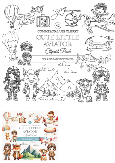 Cute Aviator Clipart Pack commercial use, with charming kids, animals, planes, hot air balloons & travel elements. Personalized PNGs.