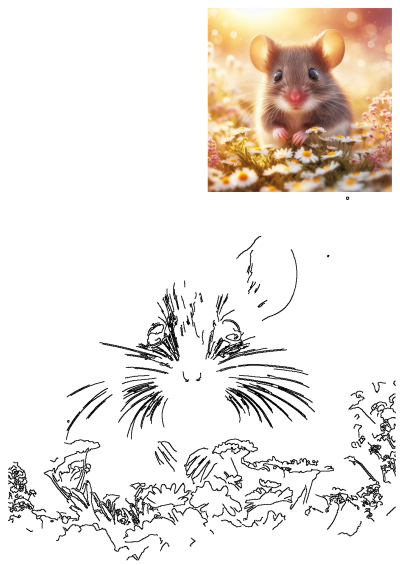 An adorable, fluffy brown mouse with big black eyes and a pink nose sits cutely among white and pink daisies in a sunlit field.