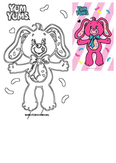 Pink Yum Yums teddy bear with a blue bow and colorful sprinkles. The image features both the vibrant character and a black-and-white outline.
