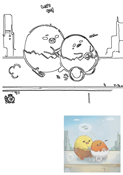 Outline of a cute chick pushing Gudetama in an eggshell car in an urban scene. Features cartoon characters and 'Let's go!' text.