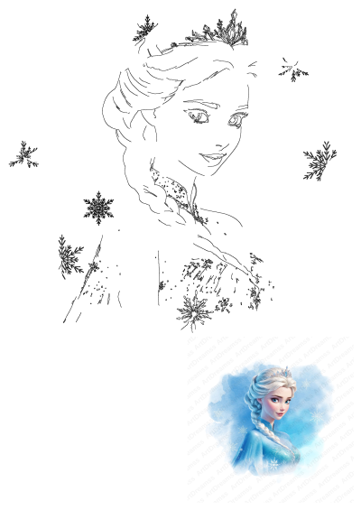 Frozen Princess Elsa blue hair illustration, an elegant outline depicting her with a crown and delicate snowflakes.