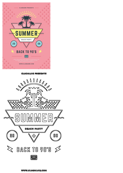 Vibrant pink summer beach party flyer with palm trees, a sun, and geometric shapes, featuring a 'Back to 90's' theme.