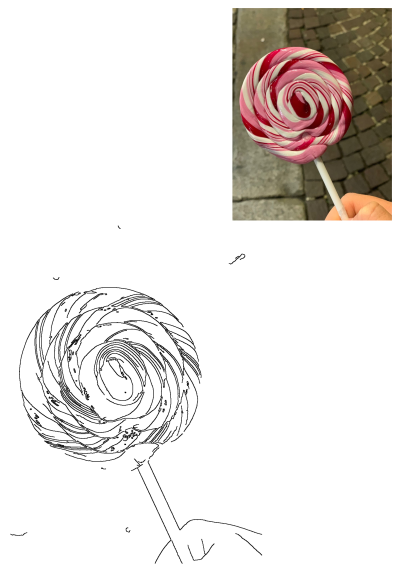 A large swirl lollipop with vibrant red, pink, and white stripes is held by a person against a textured cobblestone street background.