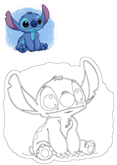 A cute Stitch cartoon character illustration sitting with big eyes and a slight smile, alongside a black outline version.