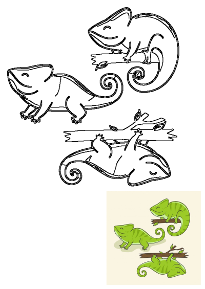 Hand drawn retro vintage vector design featuring three cute chameleons in various poses on tree branches, ideal for logos.