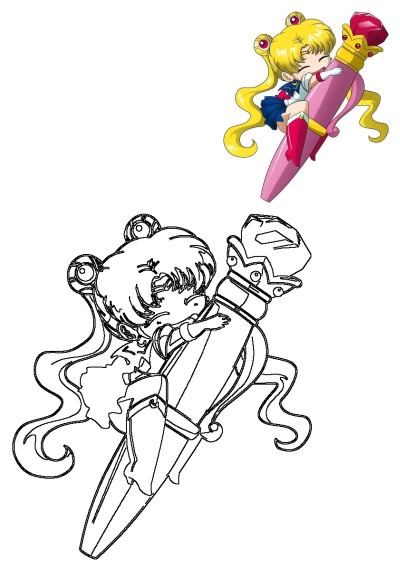 Chibi Sailor Moon enthusiastically rides a stylized pink rocket with a crown and jewel top, presented in both color and outline versions.