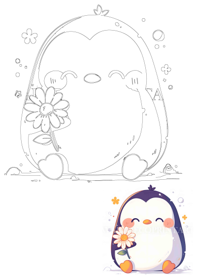 Delightful cartoon penguin holding a white flower, a cute whimsical illustration with a charming, friendly expression.