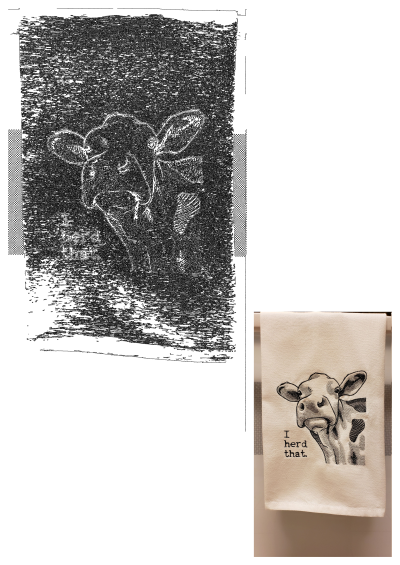 Charming embroidered cow sketch design on a white kitchen towel featuring the humorous text 'I herd that.' Perfect farmhouse kitchen decor.