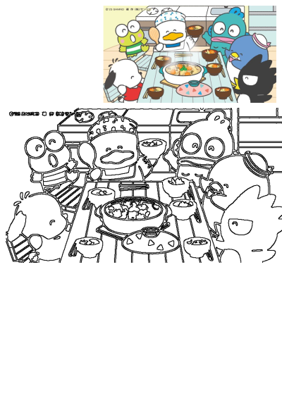 Sanrio Cartoon Characters Eating Together Around Table. Keroppi, Pochacco, Pekkle, Hangyodon, and Badtz-Maru are enjoying a delicious hot pot meal.