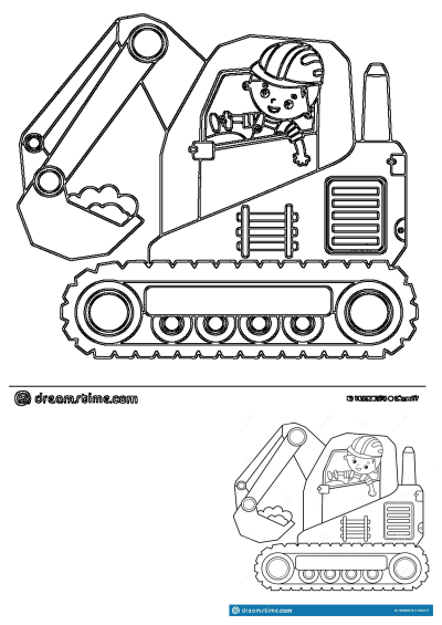 Outline of a happy cartoon construction worker in a hard hat driving an excavator with a full bucket.