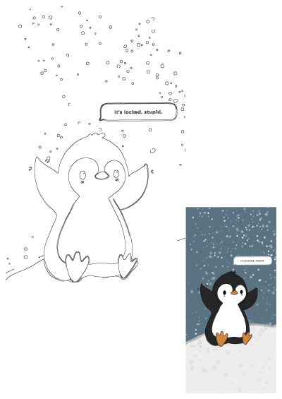 A cute cartoon penguin for a locked screen wallpaper. It features both outline and colored versions, with the text 'It's locked, stupid.'